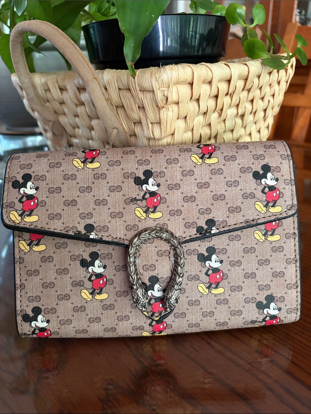 Designer-Inspired Brown Mickey Print Crossbody Bag/Clutch. Like NEW!